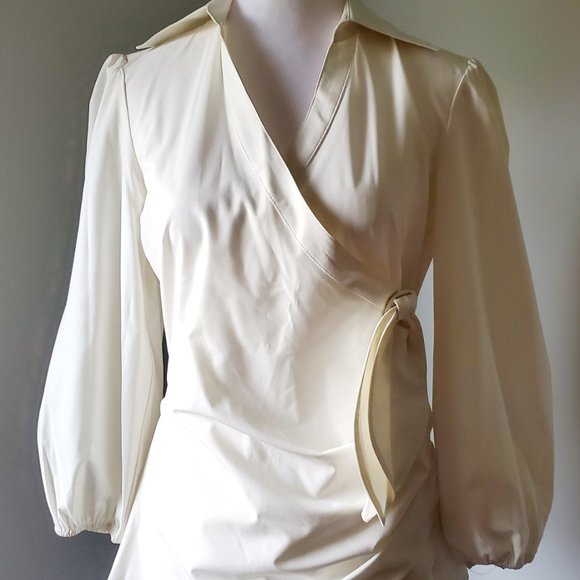 DKNY Couture Style Sculpted Poet Blouse Faux Wrap Balloon Sleeve Collared V Neck - Picture 2 of 10